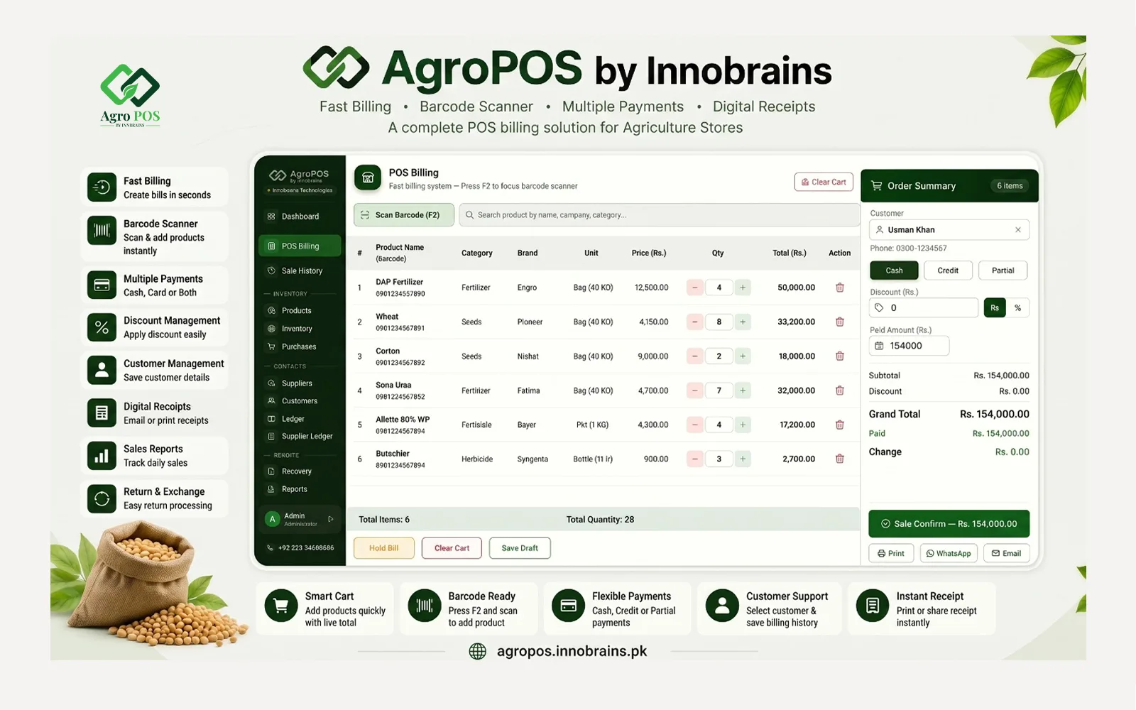 AgroPOS billing screen for a pesticide and fertilizer shop, showing batch and expiry on each item