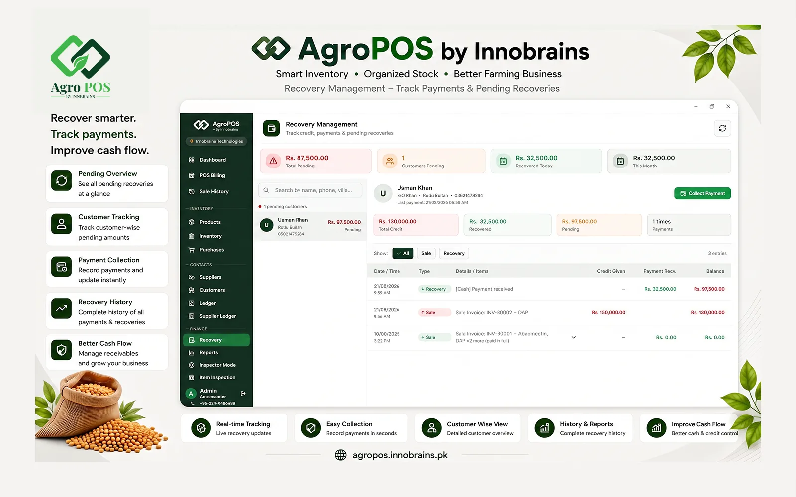 Customer udhaar khata and recovery list in AgroPOS, showing pending farmer balances