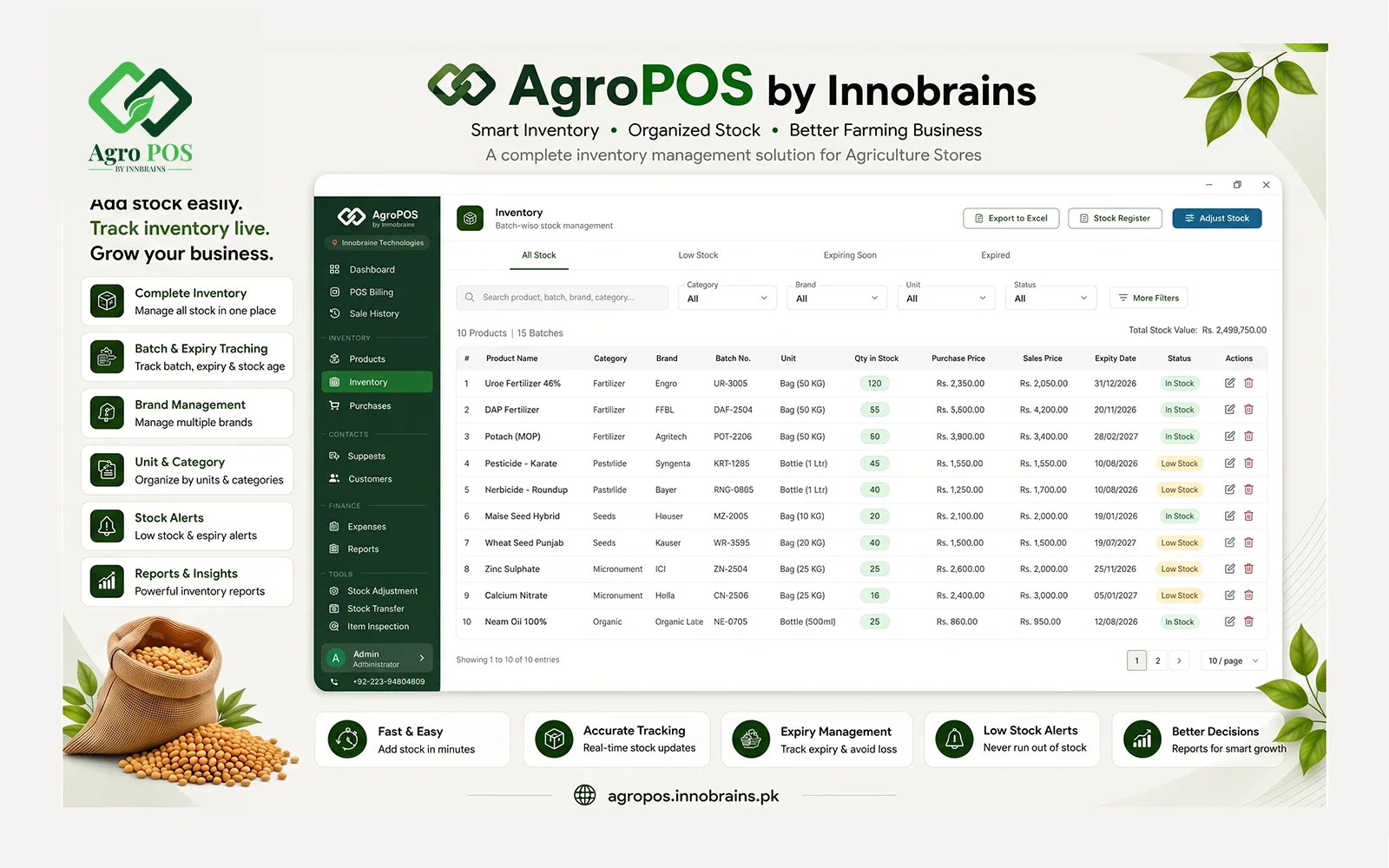 Batch-wise inventory in AgroPOS with batch numbers and expiry dates for pesticide stock